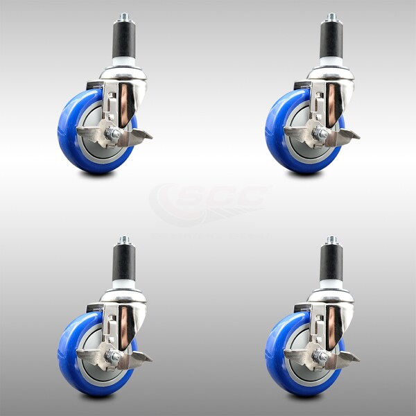 Service Caster 4 Inch 316SS Blue Poly Swivel 1-3/8 Inch Expanding Stem Caster Set Brake SCC SCC-SS316EX20S414-PPUBBLUE-TLB-138-4 - main